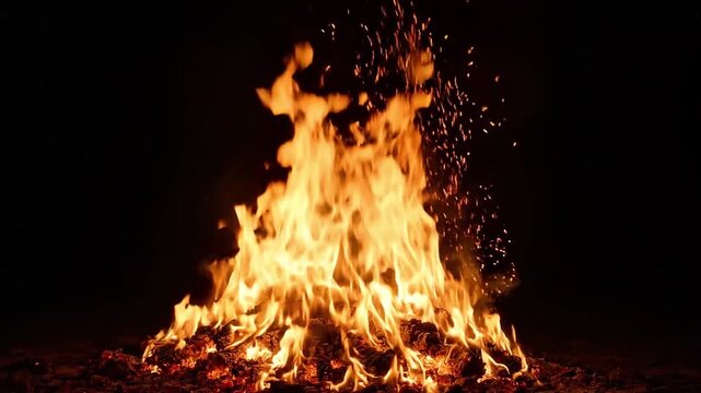 Blazing bonfire flames flickering intensely with bright orange sparks flying upward in this dark night high resolution video motion footage