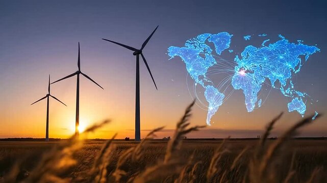 Wind turbines stand in a field during a vibrant sunset with a digital world map