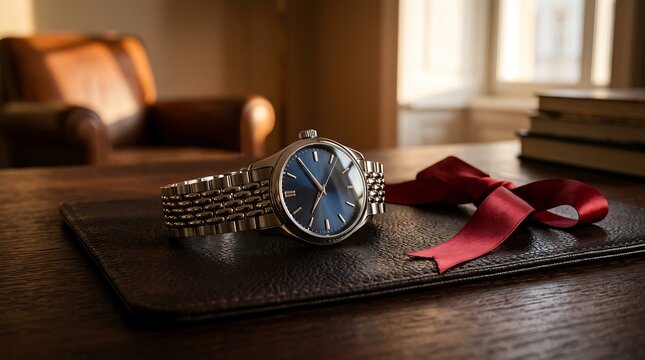 Luxury silver wristwatch with a deep blue face resting on a leather pad next to a red ribbon gift bow on a wooden desk in a warm study room