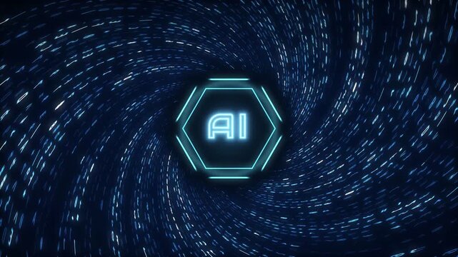 Glowing AI hexagon emblem inside a swirling blue digital data vortex tunnel