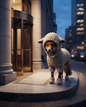 Sly Fox Dressed in Sheep's Clothing Outside Luxury Building in City at Dusk