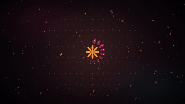 Colorful floral rangoli mandala forming with glowing oil lamps on a dark background