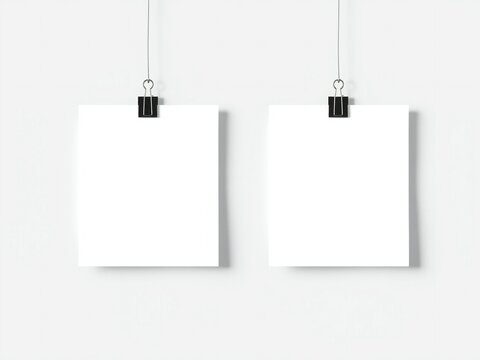 Two square paper sheets hanging from strings with black metal binder clips