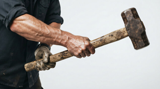 Close up muscular worker hands holding heavy vintage sledgehammer swinging strike manual labor renovation demolition construction site concept industrial tool weapon worker device background