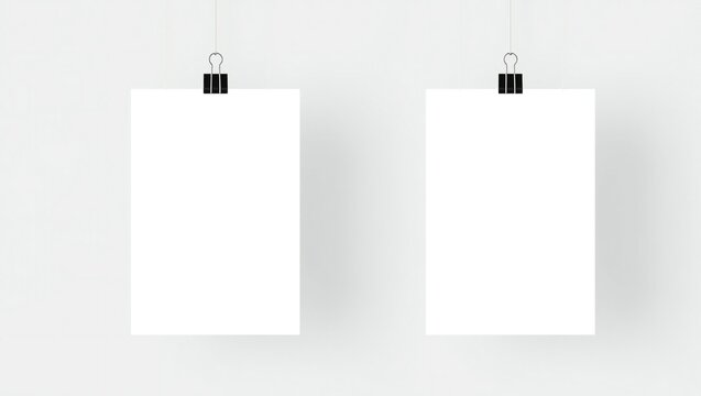 Two blank paper sheets hanging with black metal binder clips for mockup design