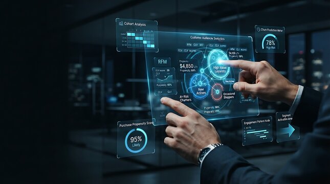 Data science professional interacting with holographic customer behavioral analytics segmentation interface for enterprise predictive audience intelligence and digital marketing data science solutions
