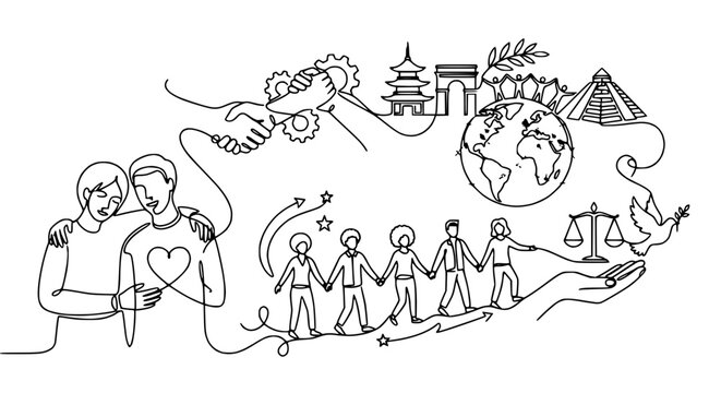 Global Unity and Diversity Concept: Diverse People Holding Hands, World Icons, Justice, Partnership
