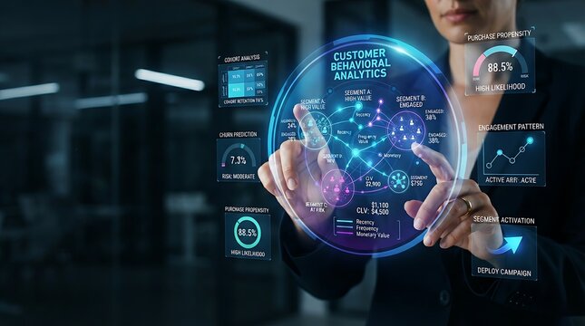 Data science professional interacting with holographic customer behavioral analytics segmentation interface for enterprise predictive audience intelligence and digital marketing data science solutions