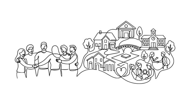 Community and Family Line Art: Diverse People, Homes, Schools, and Nature