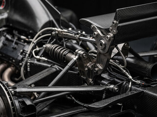 Naklejka premium detailed close up view of internal suspension and mechanical components of a formula 1 racing car made of carbon fiber and titanium in a workshop before assembly