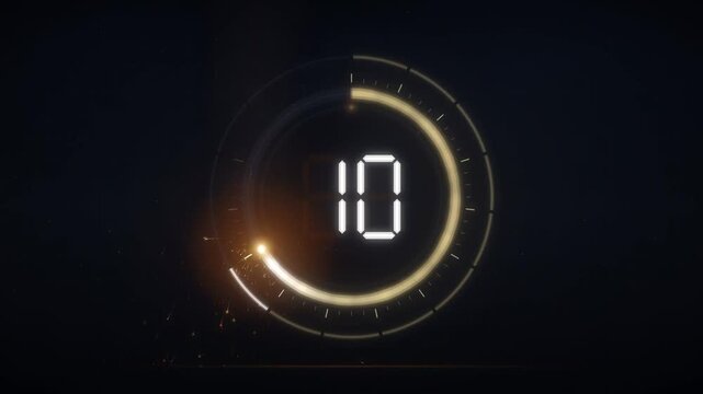Glowing countdown timer ring counting from fifteen to zero with orange sparks