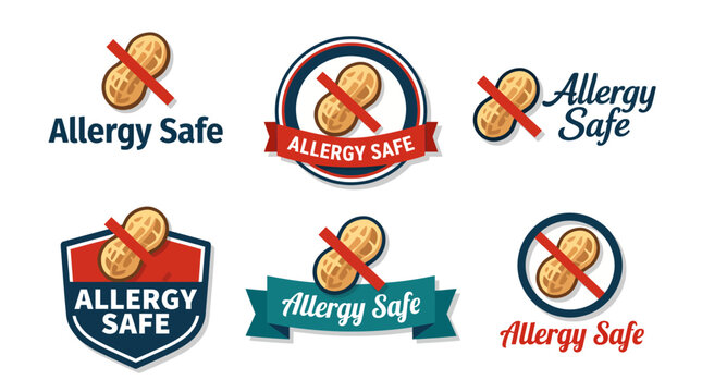 A collection of allergy safe logos featuring peanuts crossed out, ideal for food packaging and allergy awareness campaigns for consumers and companies.