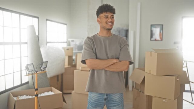 Man spreads arms showing hands among stacked moving boxes and bubblewrap in a sunlit studio, surrounded by a ladder and worklight; relief.