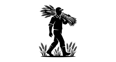 Fototapeta premium Farmer Carrying Harvested Wheat Bundle Agricultural Silhouette Vector