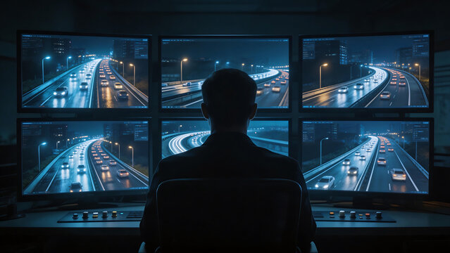Person monitoring traffic on multiple screens