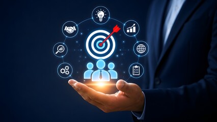 Fototapeta premium Business executive holding holographic target board with glowing icons representing strategic marketing goals and team management.