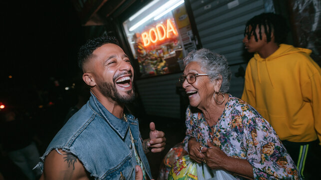 Grandmother and Grandson Laughing Together Outside Bodega at Night