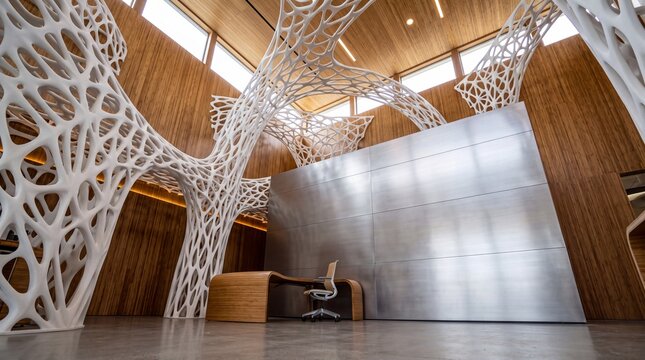 Futuristic Modern Office Interior with Parametric Sculptural Architecture