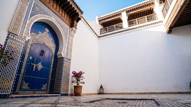 Traditional Moroccan Riad Courtyard with Ornate Blue Door
