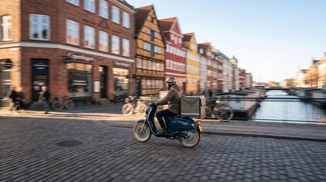 Delivery Courier Riding Scooter on European City Street