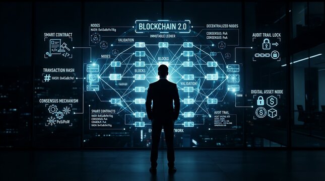 Business executive standing before holographic enterprise blockchain distributed ledger interface for corporate digital transaction management and immutable smart contract technology solutions.