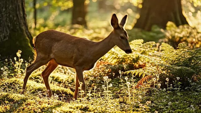 A Graceful Roe Deer Stands in a Sun-Dappled Forest Clearing