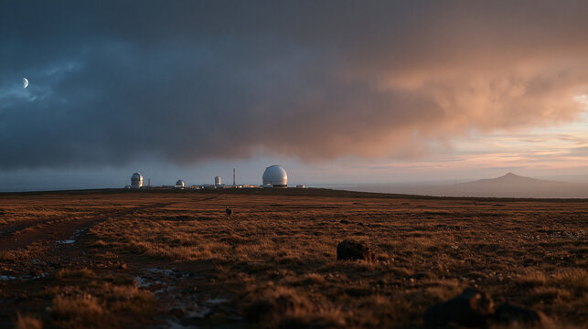 Astronomical Observatory Domes on Mountain Landscape at Sunset