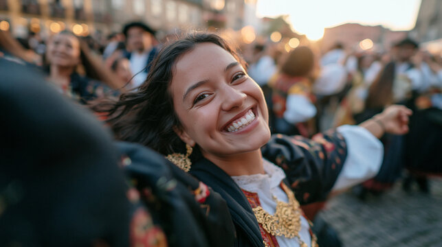 Happy Young Woman Dancing in Traditional Folk Costume at Festival