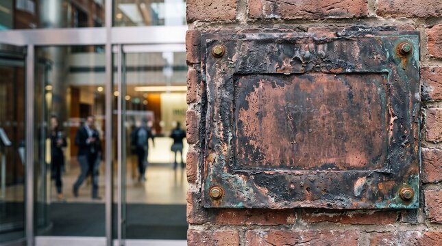Blank Weathered Metal Signboard Mounted on Brick Wall