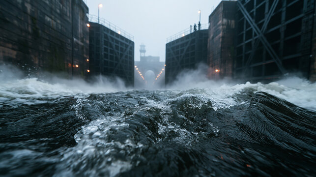 Rushing Water Flowing Through Open Industrial Canal Lock