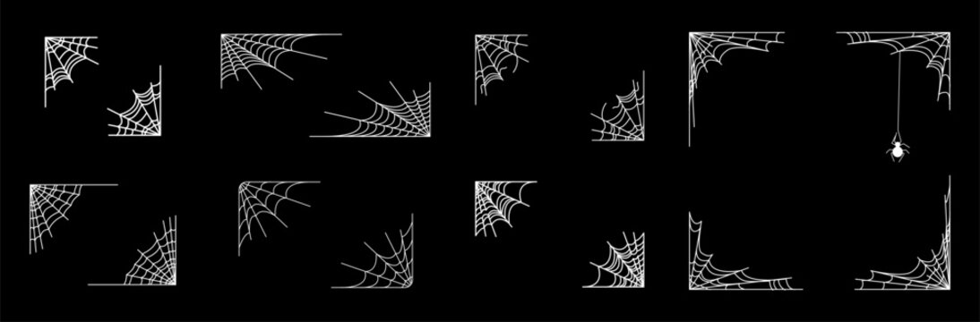 Halloween corner border set, white spider web corners on black, creepy corner cobwebs, spooky corner frames, scary corner decoration and hanging spider