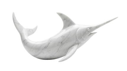 Fototapeta premium Elegant white marble swordfish sculpture, polished stone marlin statue, luxury nautical decor figurine on white background