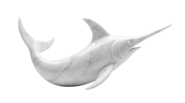 Elegant white marble swordfish sculpture, polished stone marlin statue, luxury nautical decor figurine on white background