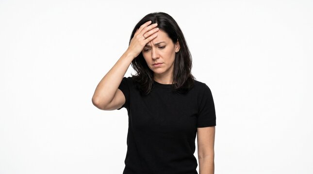 Sad and stressed young woman touching forehead, expressing struggle with confidence, studio portrait on white background