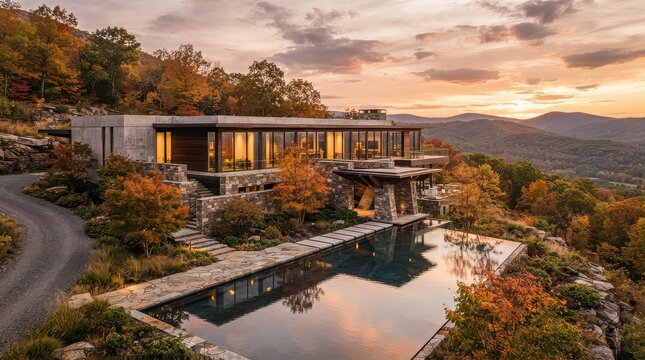 Concrete and glass mountain house with pool at autumn sunset