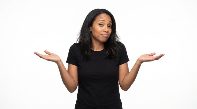 Doubtful young black woman shrugging her shoulders in uncertainty, feeling relieved and carefree, isolated on white studio background