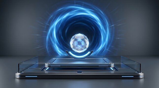 Futuristic smartphone displaying a glowing blue digital portal hologram emerging from the screen on a dark background