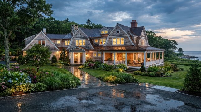 Coastal shingle style house at dusk with wet driveway