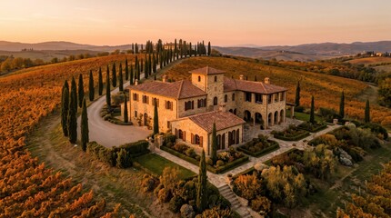 Obraz premium Tuscan stone villa on vineyard hill with cypress road