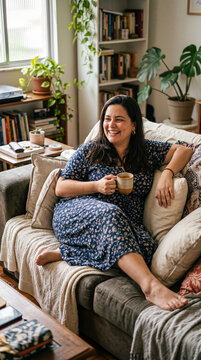 Woman relaxing with coffee on couch