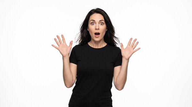 Surprised young woman with shocked facial expression raising hands up in disbelief over white background