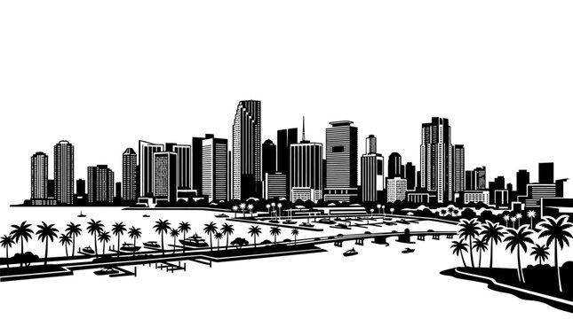 Black and white vector illustration of a Miami city skyline with palm trees.