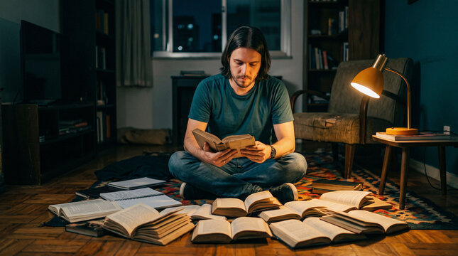 Man reading books surrounded by literature