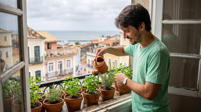 Man waters potted herbs on windowsill