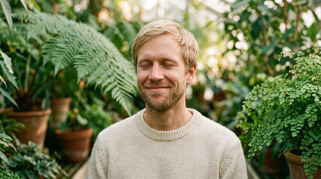 Man smiling with closed eyes in greenhouse