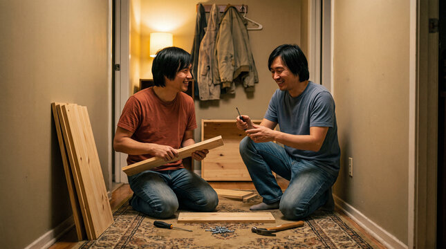 Two men assembling wooden furniture indoors