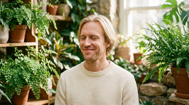 Man smiles in lush indoor garden setting