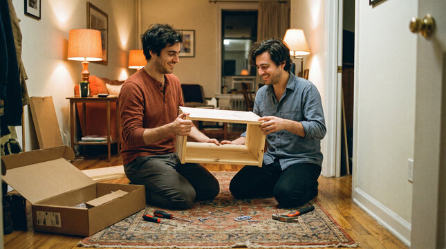 Two men assembling wooden furniture indoors