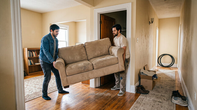 Two men carry a sofa through a doorway