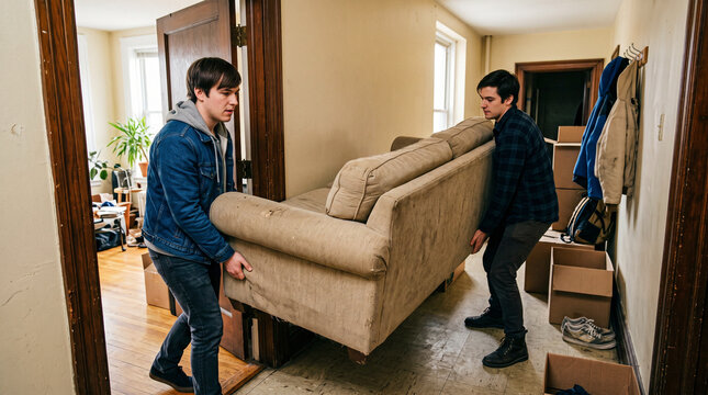 Roommates carrying sofa through doorway